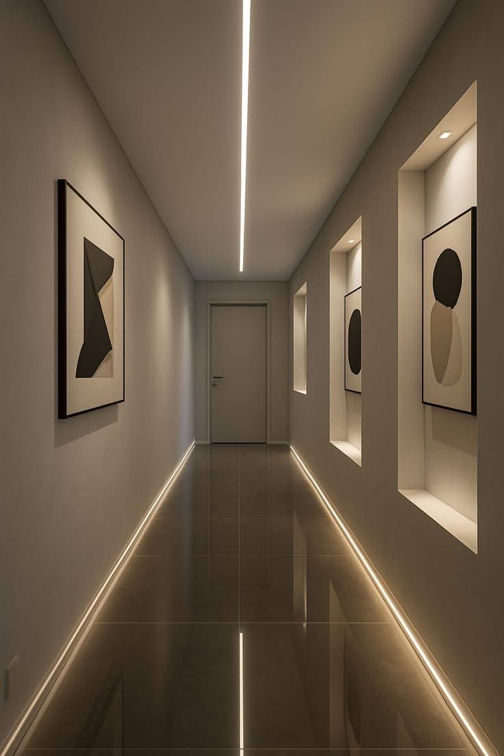 Hotel corridor with soft lighting and quiet texture